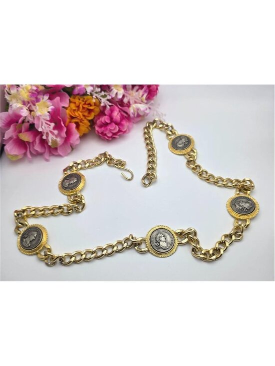 Vintage Omega Gold Tone Roman Coin Chain Belt Necklace Hadrian Medallion 37in main image 6